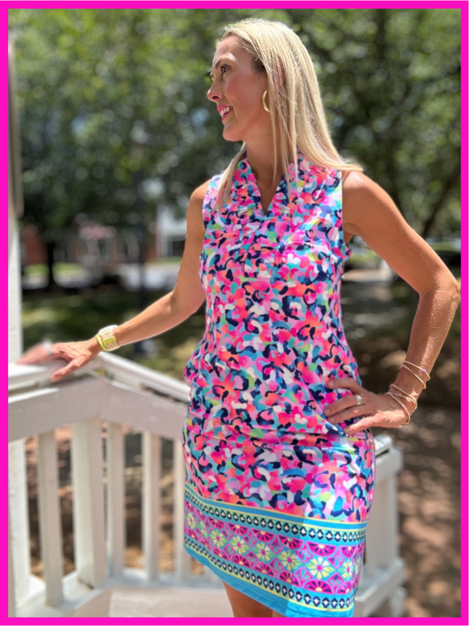 Hot Pink and Teal Ruffle Neck Shift Dress