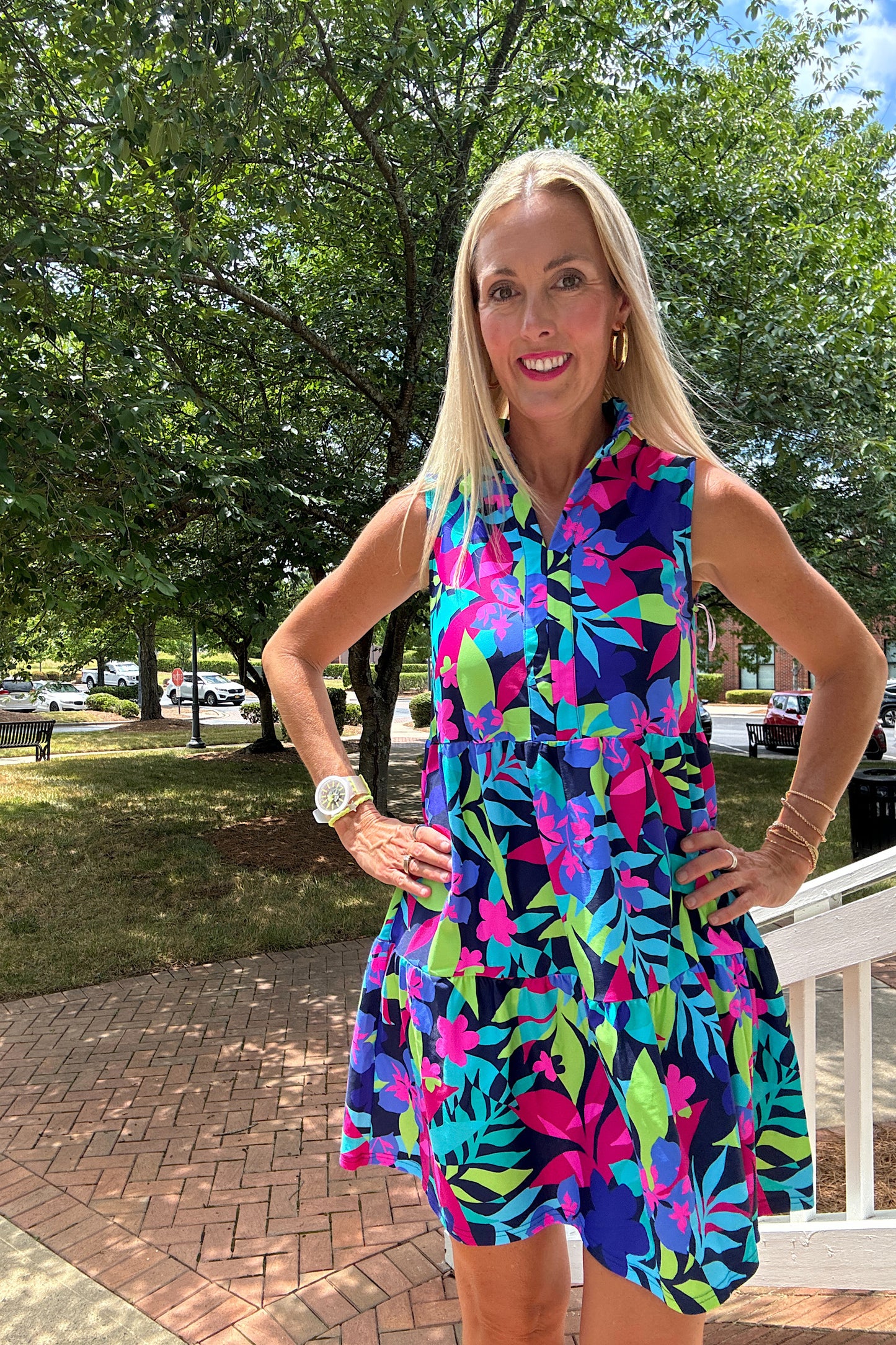 Navy Blue, Lime Green, Pink, and Teal Ruffle Neck Babydoll Dress