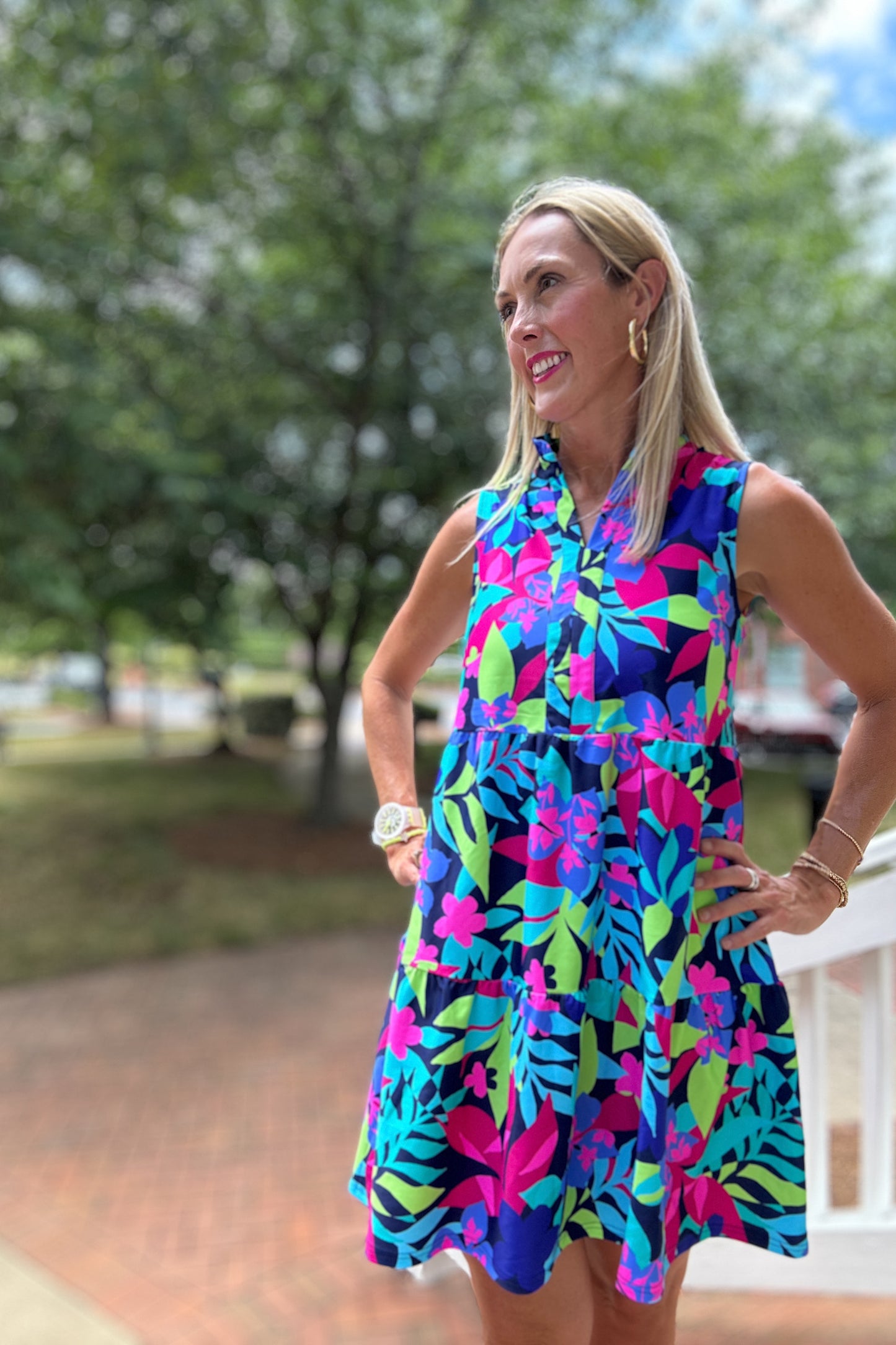 Navy Blue, Lime Green, Pink, and Teal Ruffle Neck Babydoll Dress