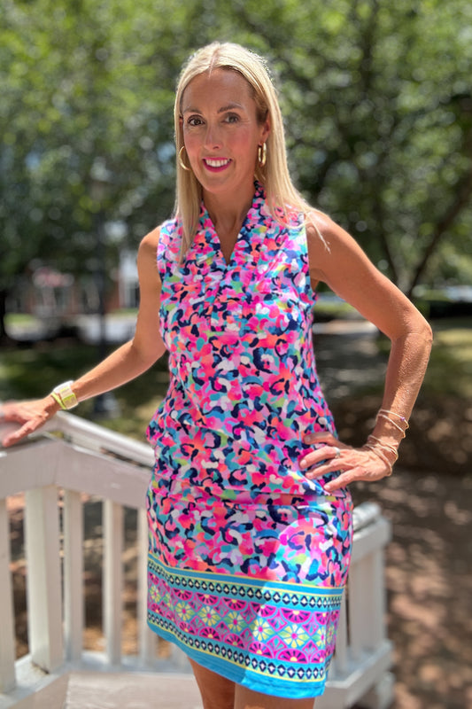 Hot Pink and Teal Ruffle Neck Shift Dress