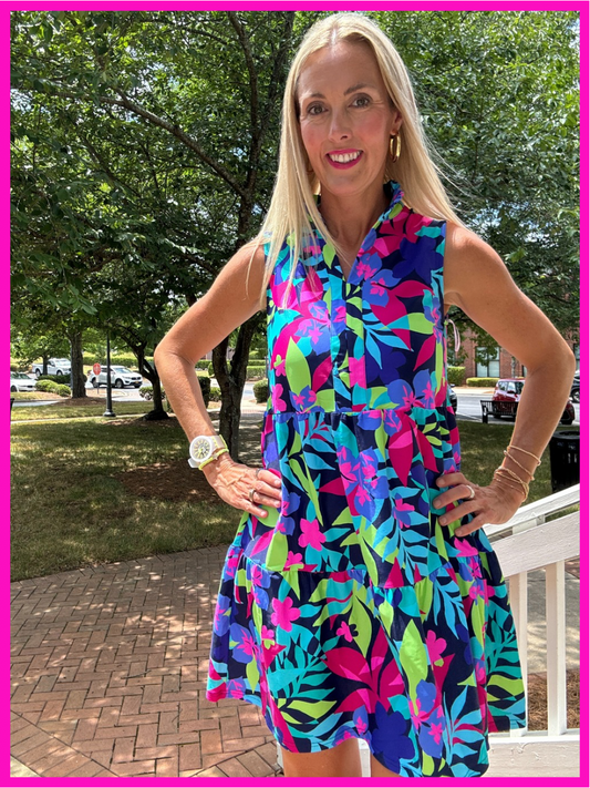 Navy Blue, Lime Green, Pink, and Teal Ruffle Neck Babydoll Dress