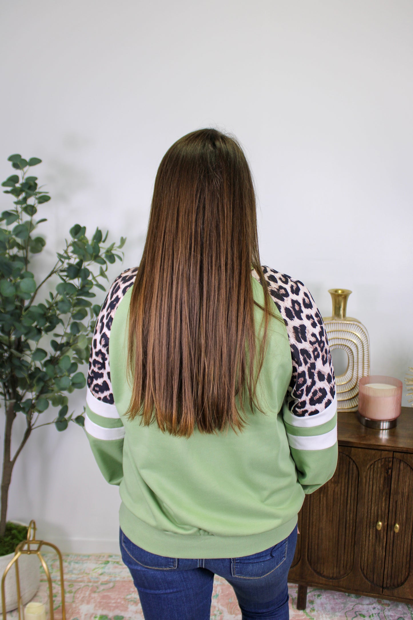 Green Leopard Print Colorblock Top LT