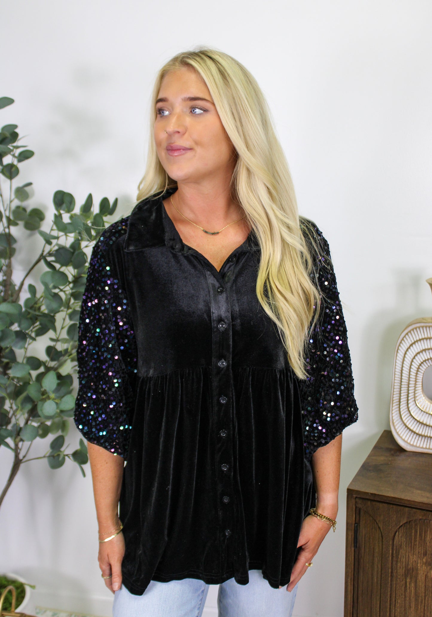 Black Sequin Peplum Top  LT