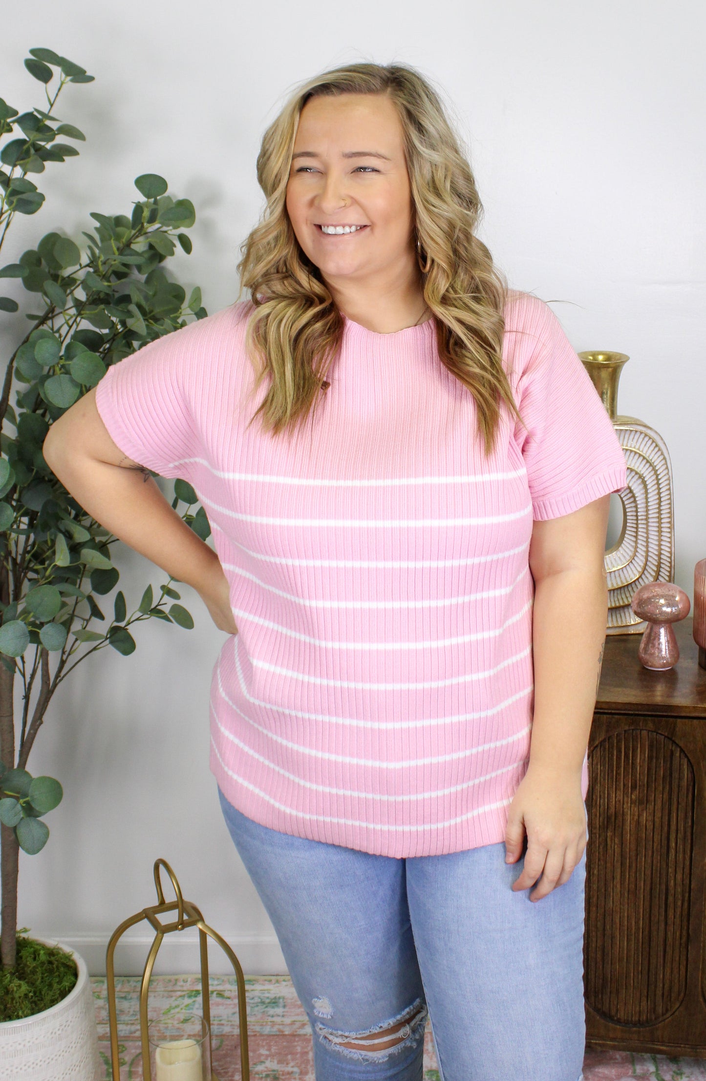 Light Pink Striped Plus Sweater LT