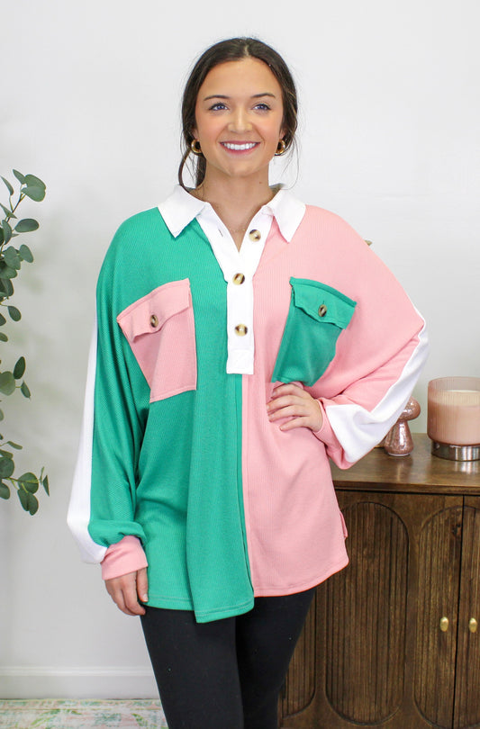 Pink and Green Button Sweatshirt LT