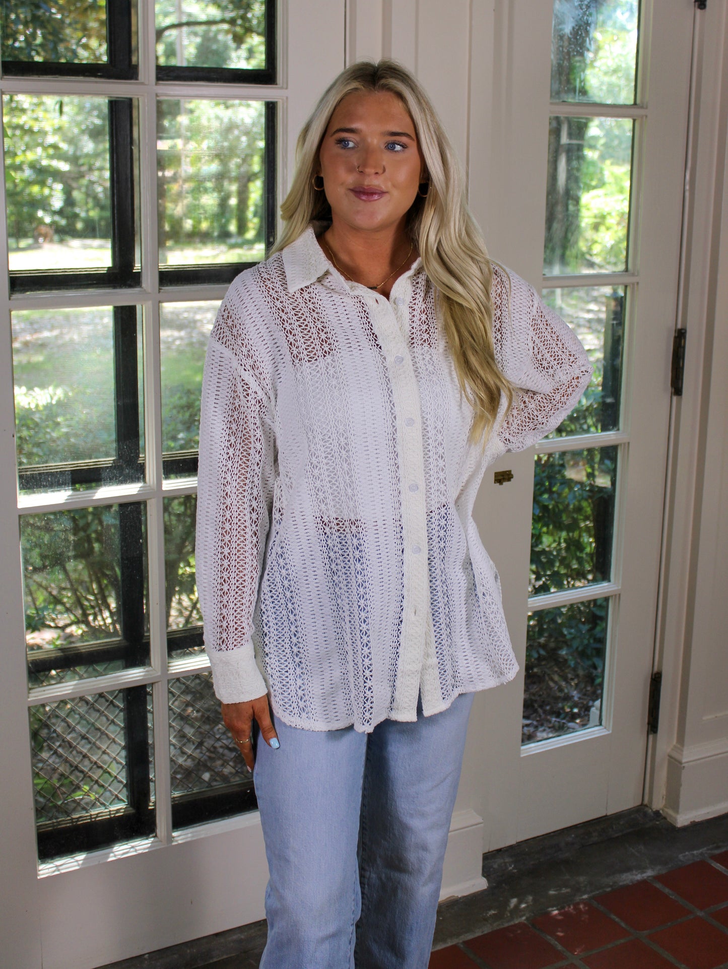 White Crochet Button Up Shirt RTS